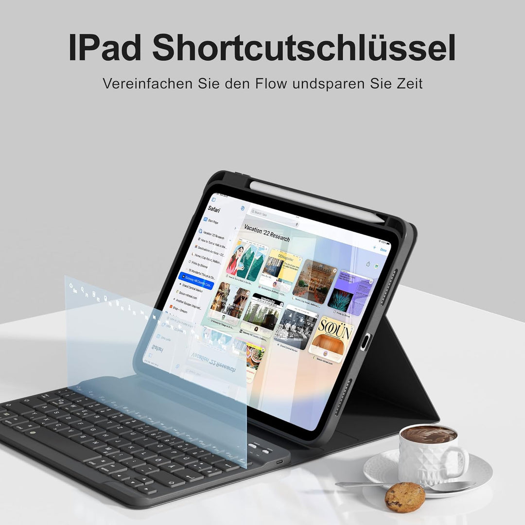 Hülle mit Tastatur für iPad A16 11/10 Generation (2025/2022, 11/10.9 Zoll) - QWERTZ Deutsches Layout