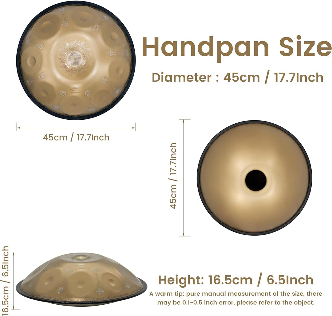 GLADFRESITHandpan 'Golden Mandrake' - 18 inch, 9 tones, 440Hz in G minor with stand, bag, mallets an