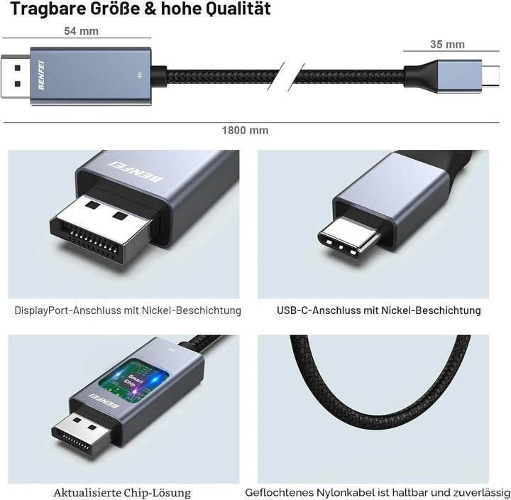 BENFEI USB C auf DisplayPort Kabel 1,8M(4K@144Hz/120Hz/60HZ,2K@240Hz/144Hz),2 Stück USB Typ C(Thunde