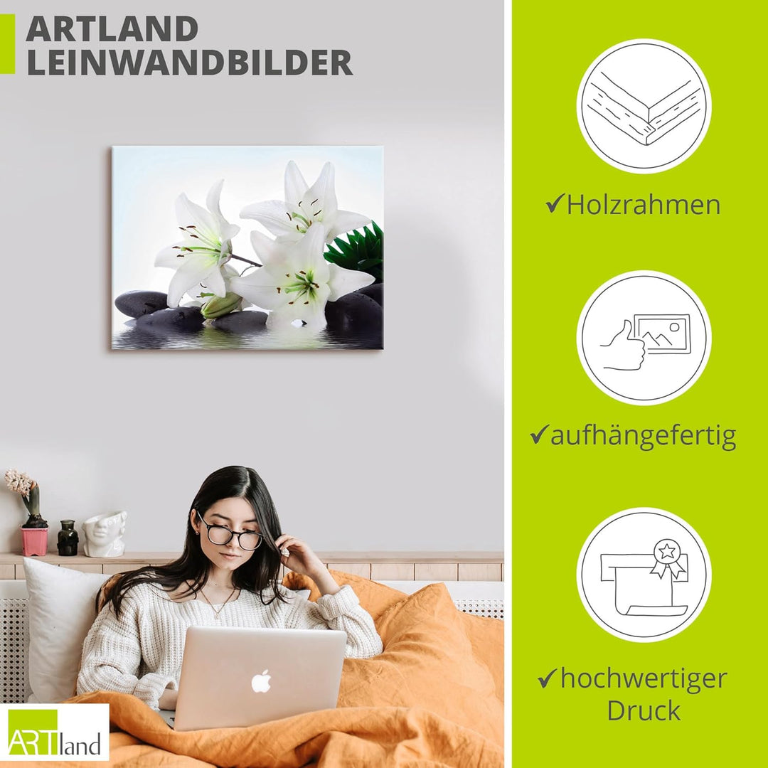 ARTland Leinwandbilder Wandbild Bild auf Leinwand 80x60 cm Madonna-Lilien und Spasteine im Wasser in