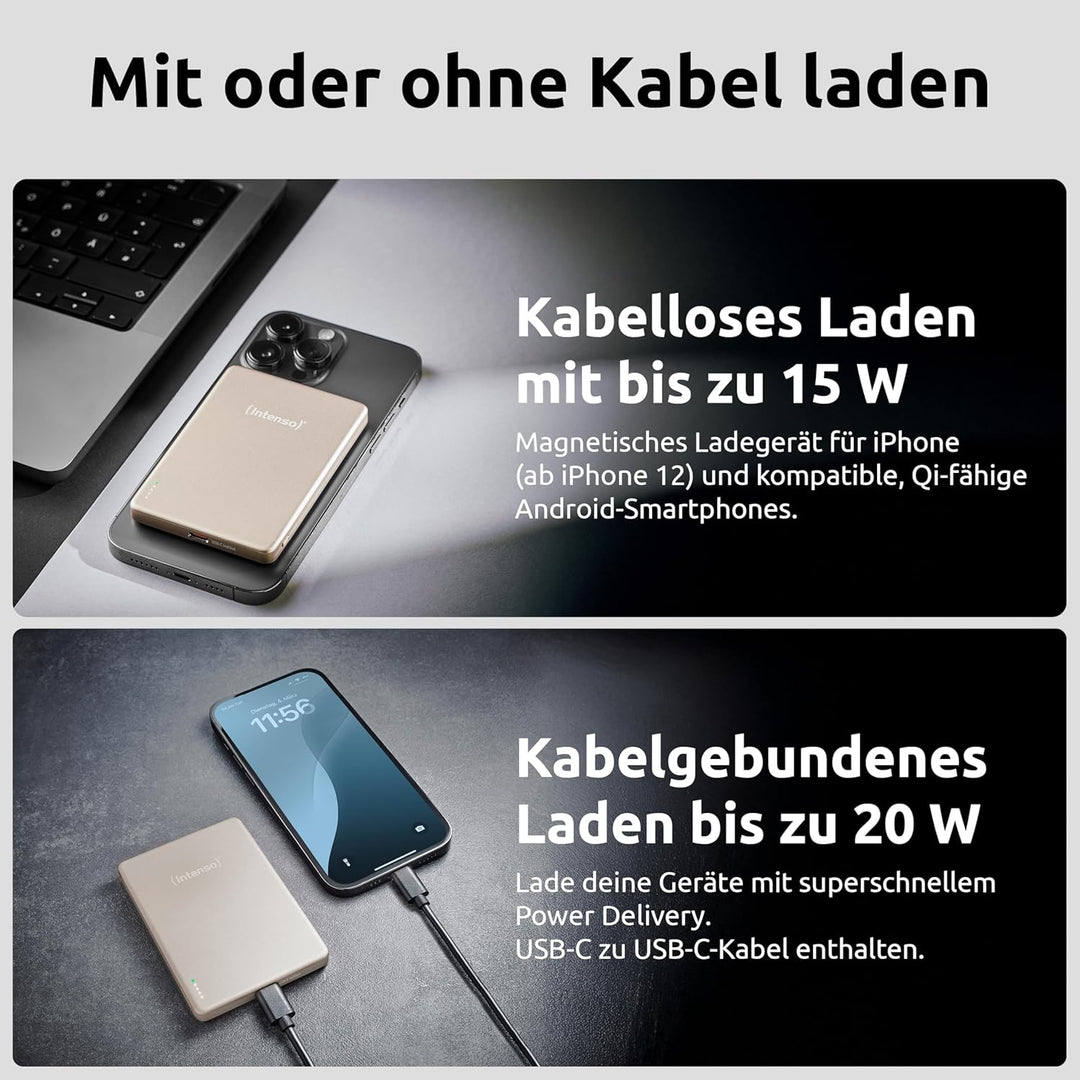 Intenso MW5000 Magnetische Powerbank 5000 mAh – MagSafe kompatibel, Wireless Charging 15W, USB-C PD