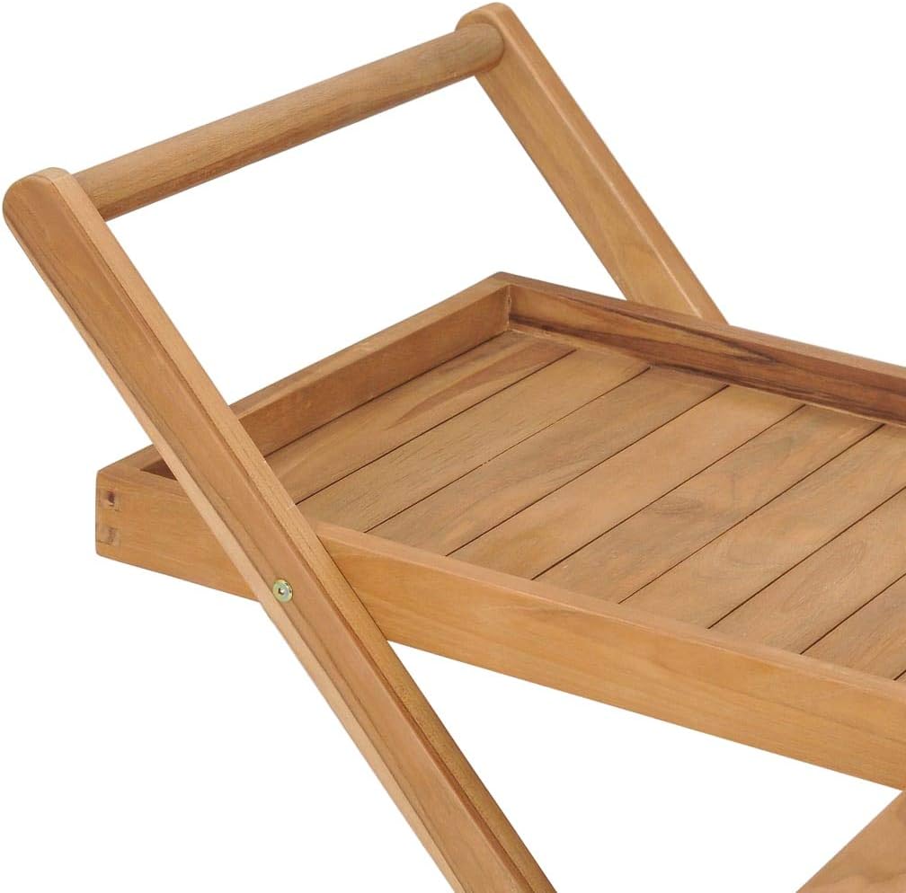 Teewagen Massivholz Teak mit Ablageflächen und Flaschenhalter, kompakter Servierwagen aus robustem T