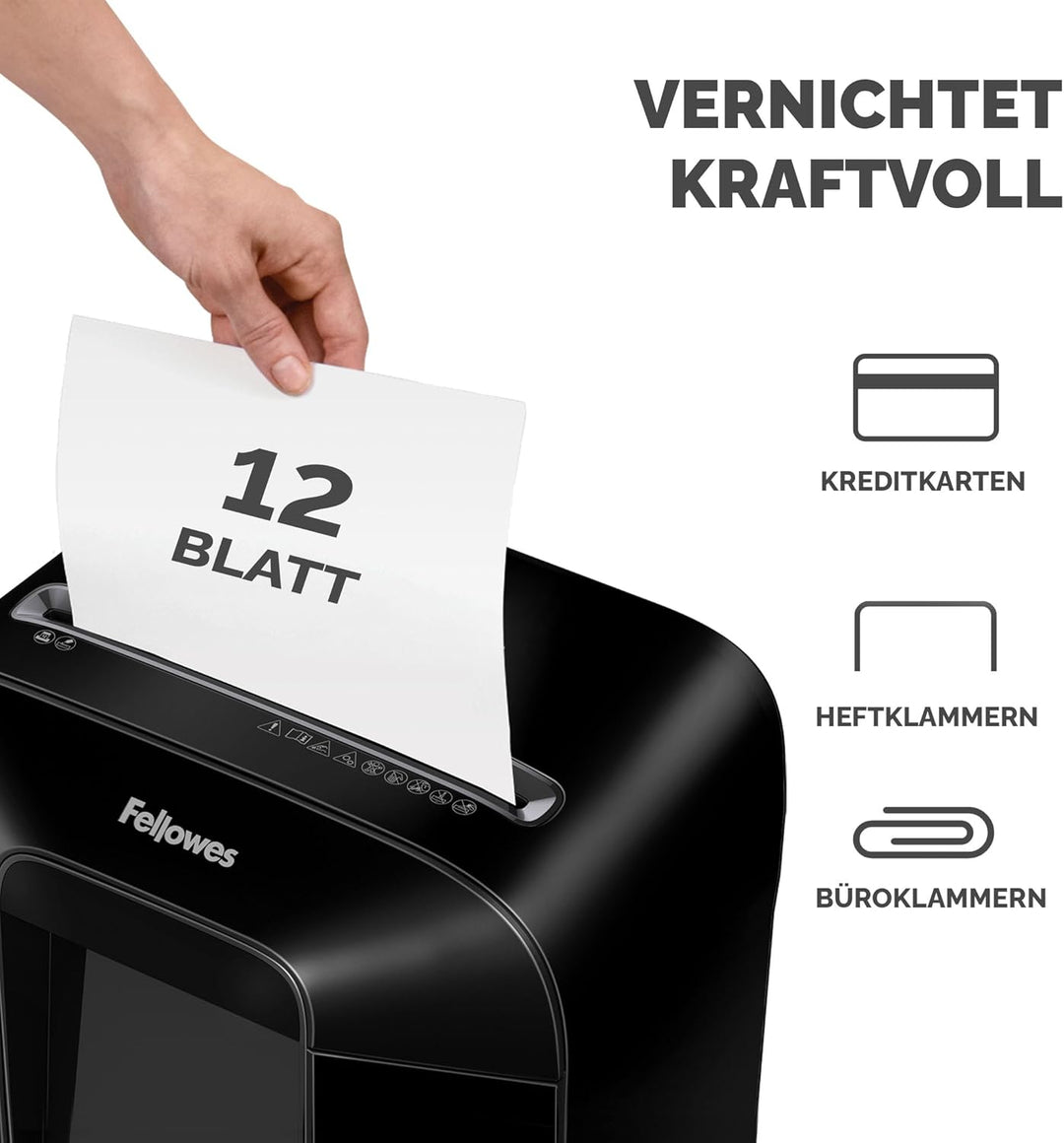 Fellowes Aktenvernichter 12 Blatt (P4), Papierschredder mit Cross-Cut für Homeoffice und Büro, LX85,