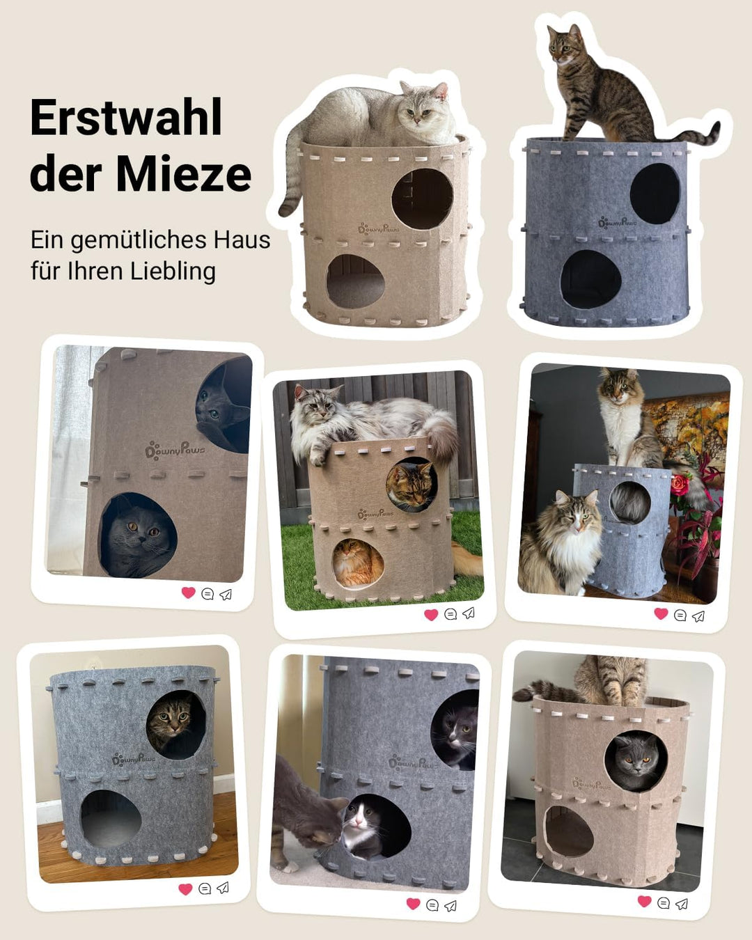 DownyPaws Katzenhöhle aus Filz, 2-stöckige Katzenbett, 50 x 33 x 50 cm Schloss Katzenhaus zum Spiele