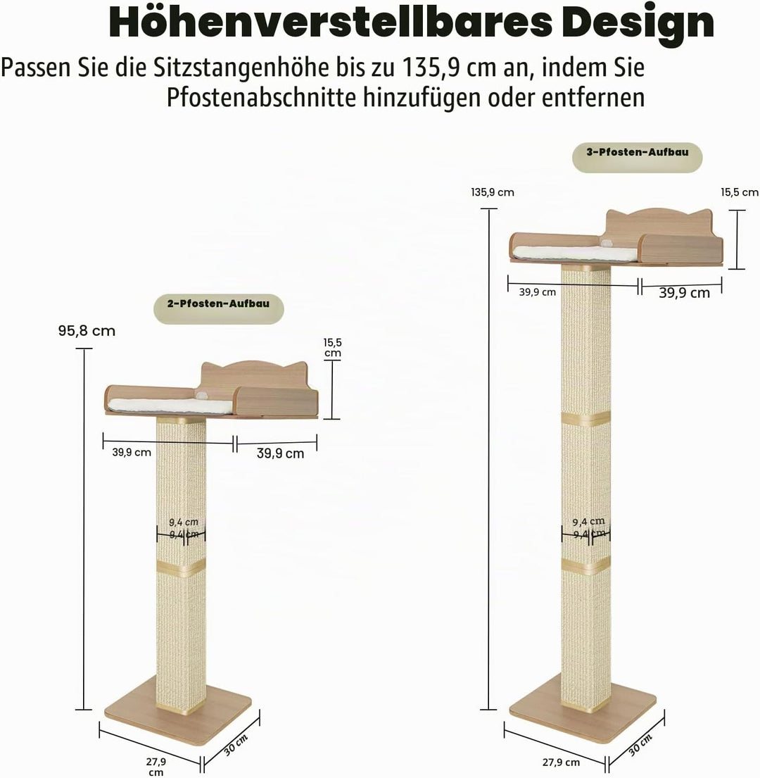 Katzenrastenstange mit Kratzbaum, Katzenhängematte für Fenster mit 2 Saugnäpfen, Sisal Hoher Katzenk