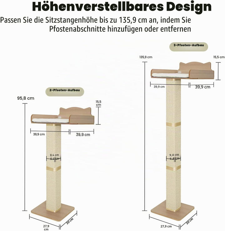 Katzenrastenstange mit Kratzbaum, Katzenhängematte für Fenster mit 2 Saugnäpfen, Sisal Hoher Katzenk