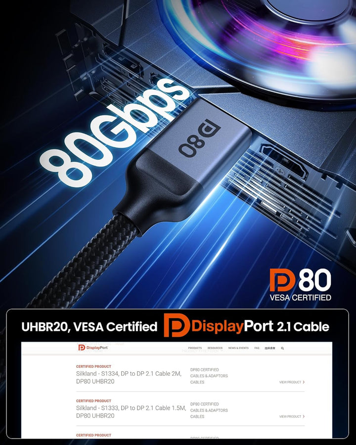 Silkland 80Gbps DisplayPort Kabel 2.1 1.5M [VESA-Zertifiziert] DP80, 8K@240Hz 4K@960Hz/540Hz/480Hz/2