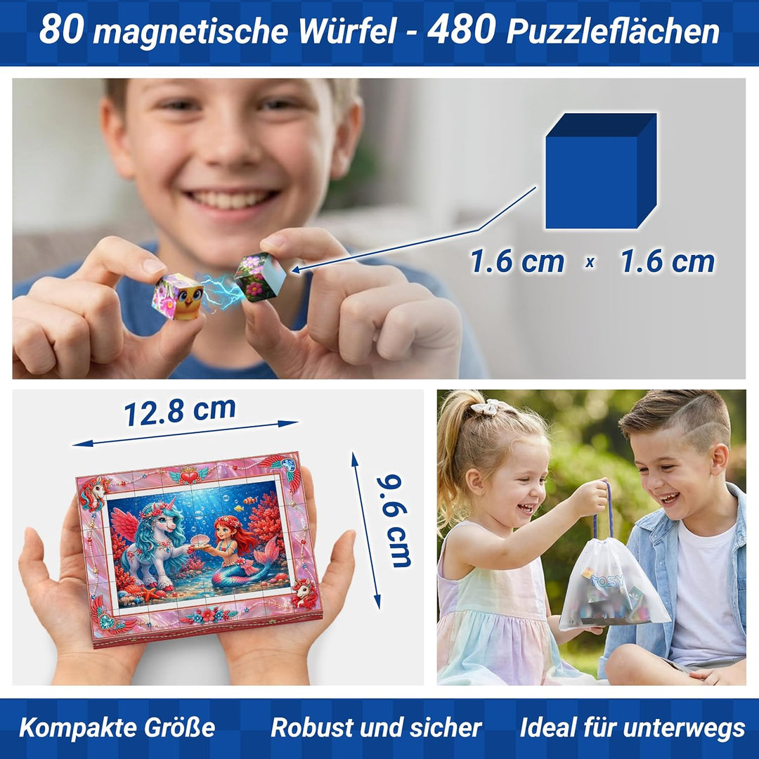 TOSY Picture Cube Fairy Unicorns: 6-in-1 magnetisches Bilderpuzzle, 48 Blöcke, 288 Flächen/Magnete,