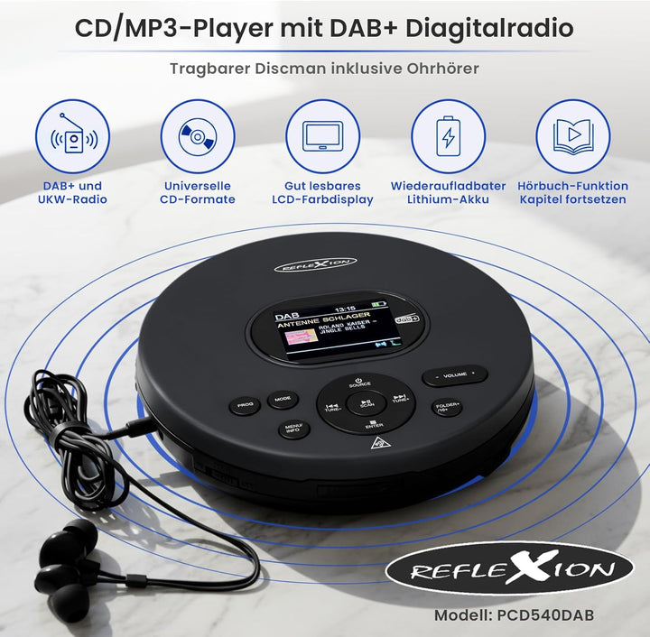 Reflexion PCD540DAB Tragbarer CD-Player, Discman, Walkman mit DAB+/PLL-FM-Radio - Antishock-System -