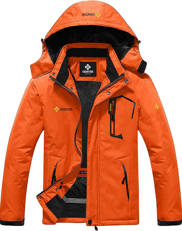 GEMYSE Herren Wasserdichte Berg-Skijacke Winddichte Fleece Outdoor-Winterjacke mit Kapuze, M Orange