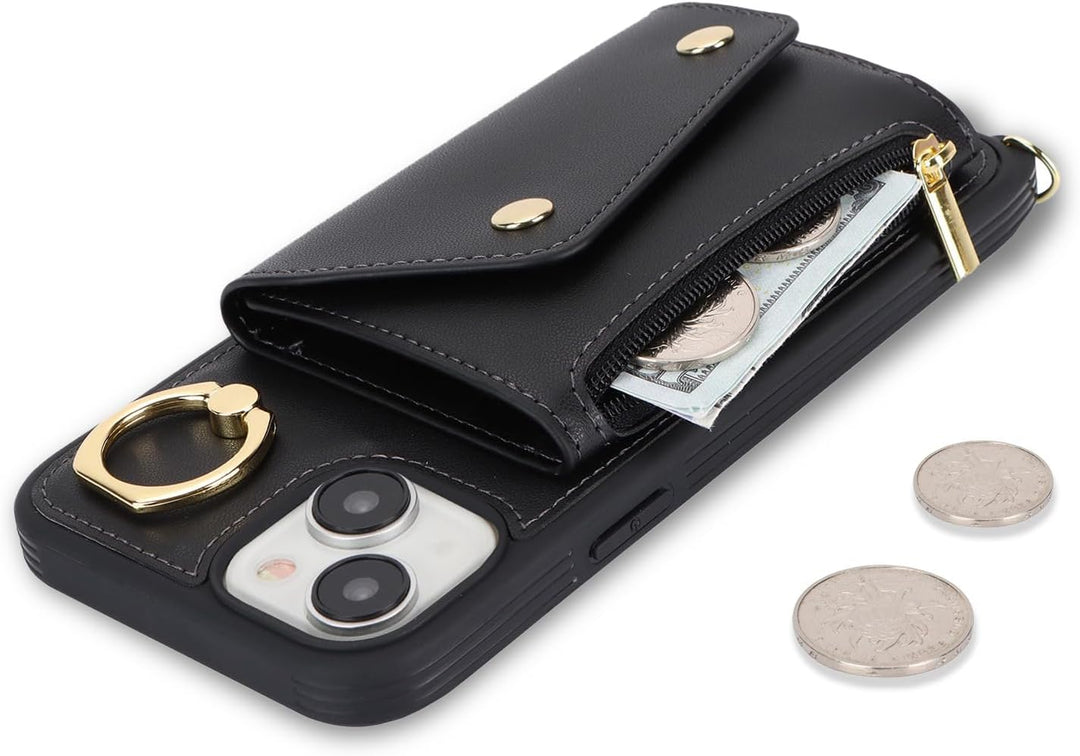 Lipvina Hülle für iPhone 15 Hülle mit Band Kartenhalter handyhülle Hülle für iPhone 15 mit Reissvers