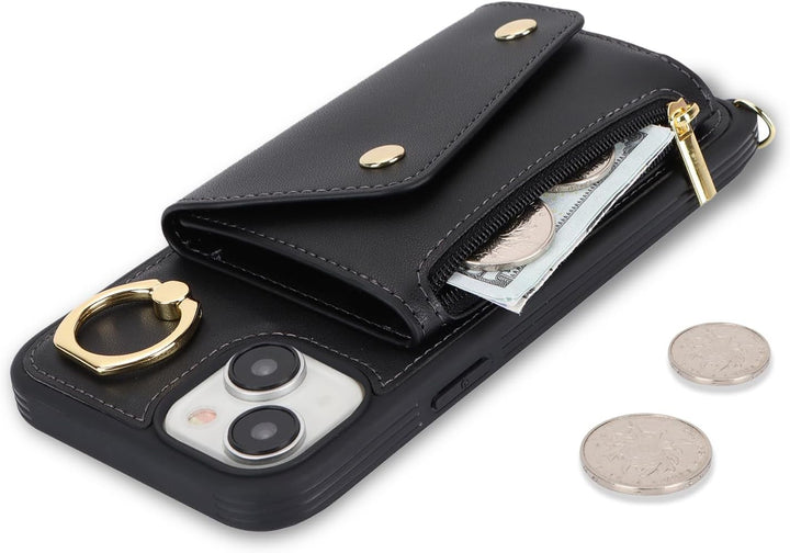 Lipvina Hülle für iPhone 15 Hülle mit Band Kartenhalter handyhülle Hülle für iPhone 15 mit Reissvers