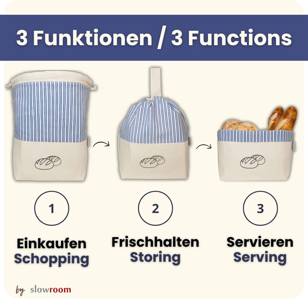 slowroom Brotbeutel zur Brotaufbewahrung und Frischhalten 3 in 1 - Brotkorb Stoff - Brottasche aus B