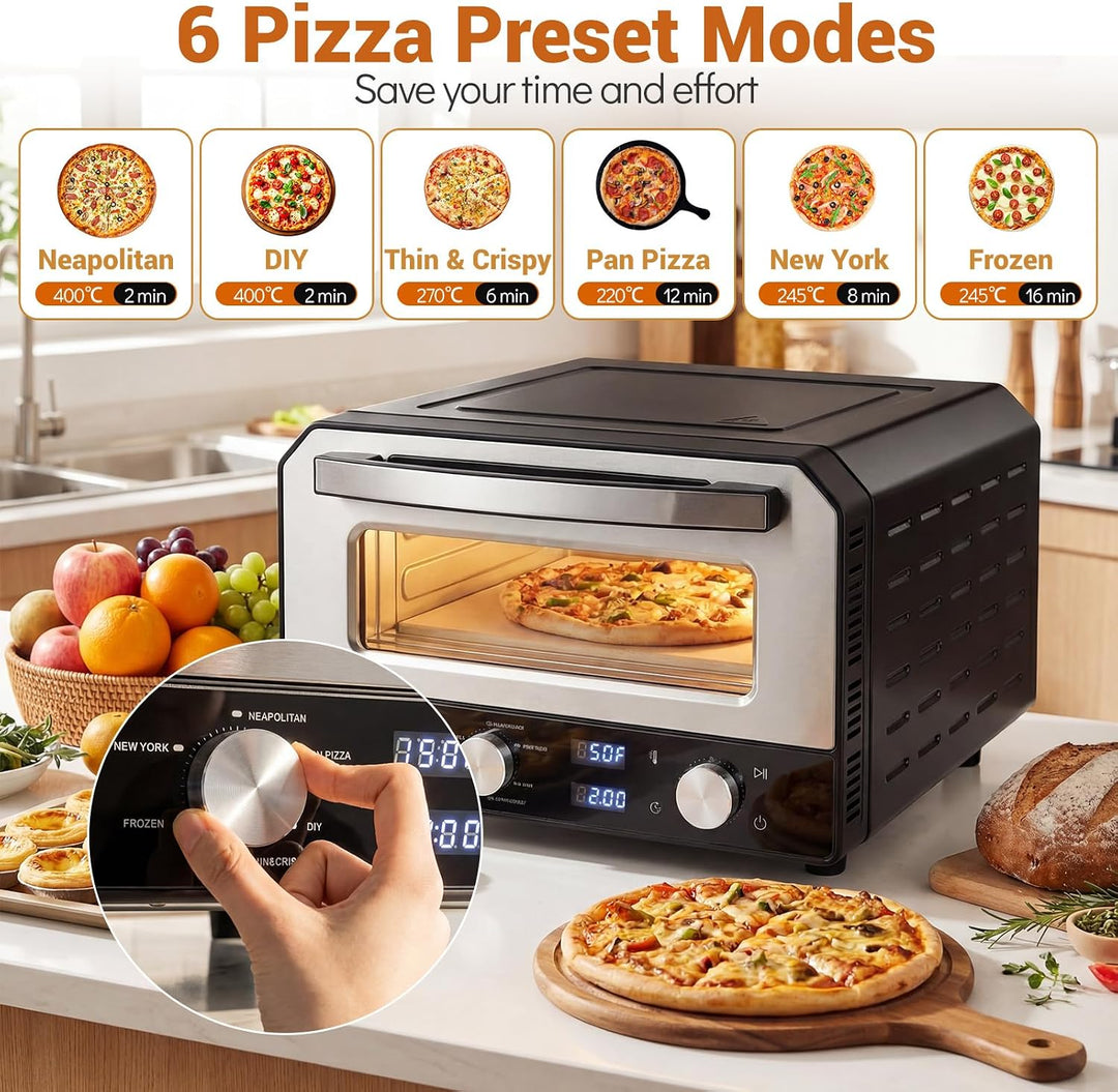 FANTASK Elektrischer Pizzaofen bis 400℃, 6 Programme, 2-Minuten Backfunktion, Pizzastein &amp; Schneider