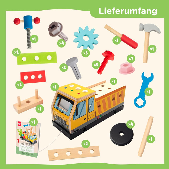 Nene Toys Montessori Busy Board LKW – FSC® Holz Werkzeugkoffer &amp; Schraubbrett mit 3 LED-Schaltern, S