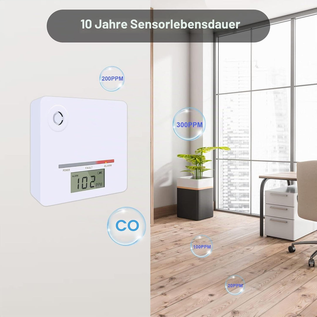 Scondaor CO-Melder mit digitaler LCD-Anzeige, Kohlenmonoxid-Warnmelder mit austauschbarer Batterie,