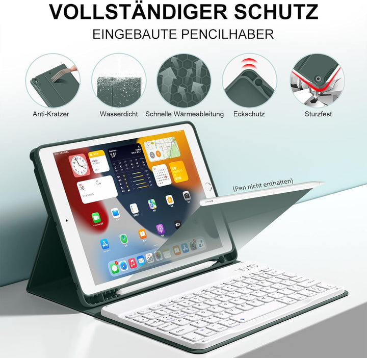 Tastatur Hülle für iPad 9./ 8./ 7.Gen (2021/2020/2019) mit Stifthalter, Soft TPU Schutzhülle, magnet