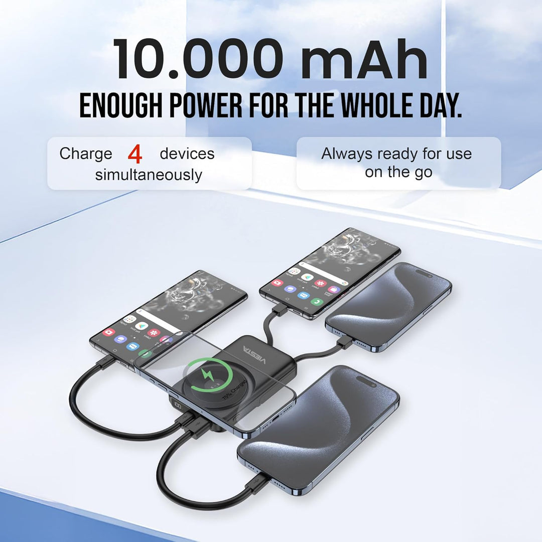 Powerbank 10.000 mAh USB-C Schwarz – Magnetische Wireless Powerbank (20 W), 2,5 W Watch Charger, 22,