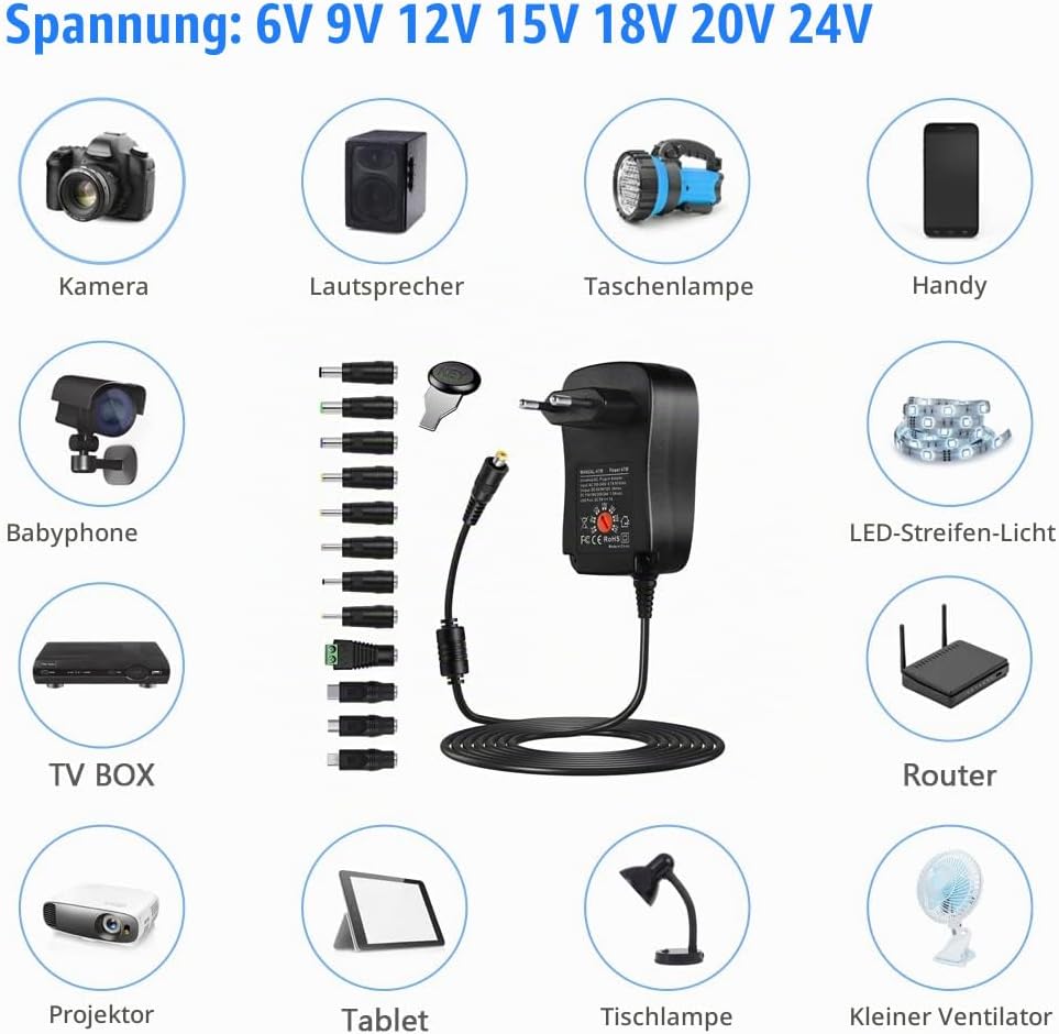 AXFEE Universal AC Adapter 12V 2A Netzteil AC220V zu DC12V, 3000mA Max Leistungstreiber 5,5mm, Multi