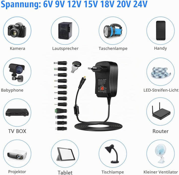 AXFEE Universal AC Adapter 12V 2A Netzteil AC220V zu DC12V, 3000mA Max Leistungstreiber 5,5mm, Multi