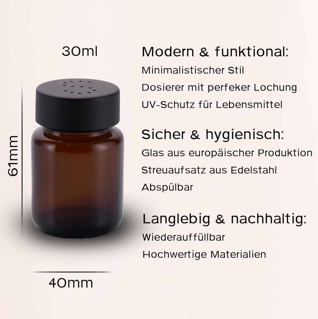 Salzstreuer und Pfefferstreuer Set aus Braunglas - Salt Shaker mit Edelstahl Deckel – Streuer für Pf