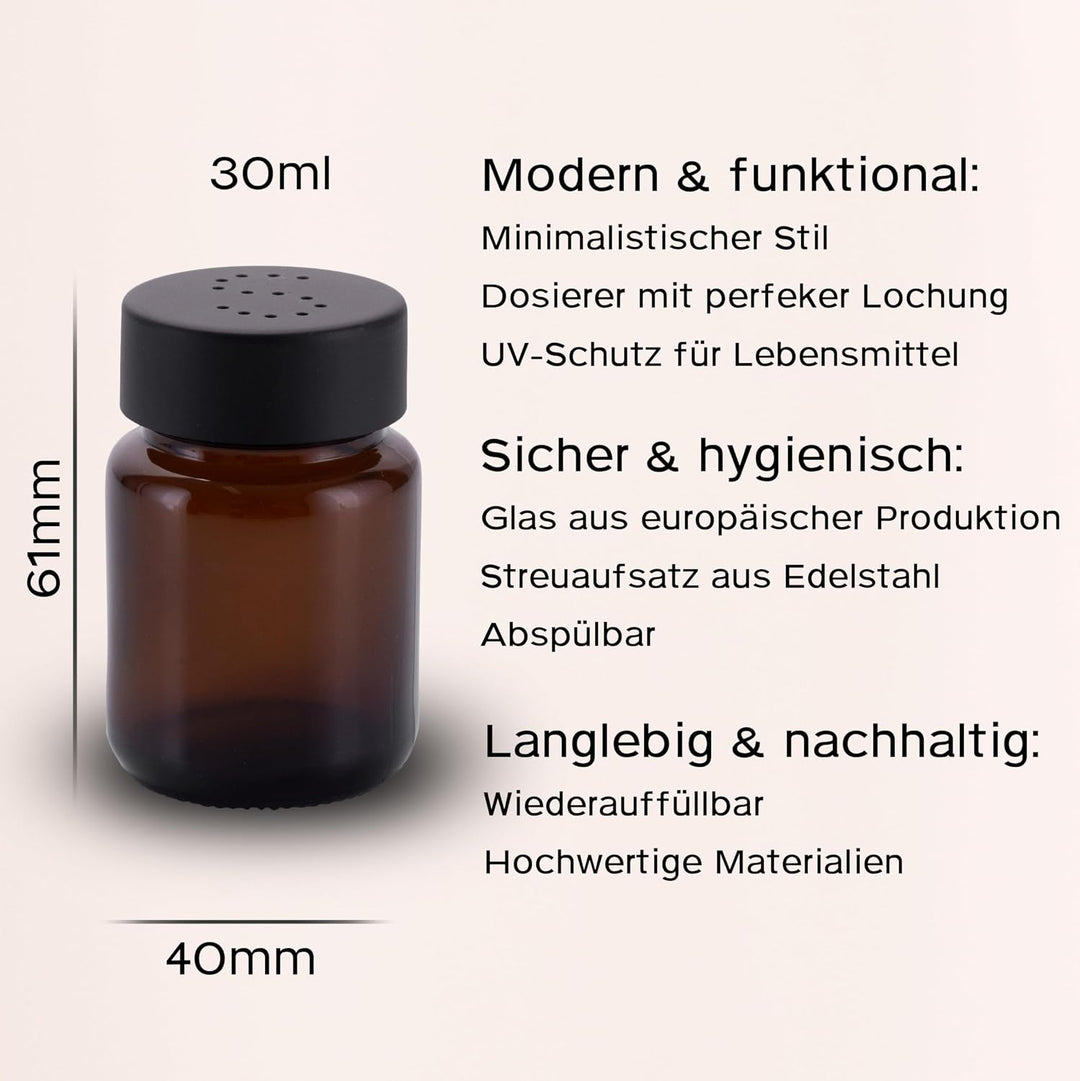 Salzstreuer und Pfefferstreuer Set aus Braunglas - Salt Shaker mit Edelstahl Deckel – Streuer für Pf