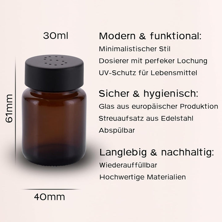 Salzstreuer und Pfefferstreuer Set aus Braunglas - Salt Shaker mit Edelstahl Deckel – Streuer für Pf