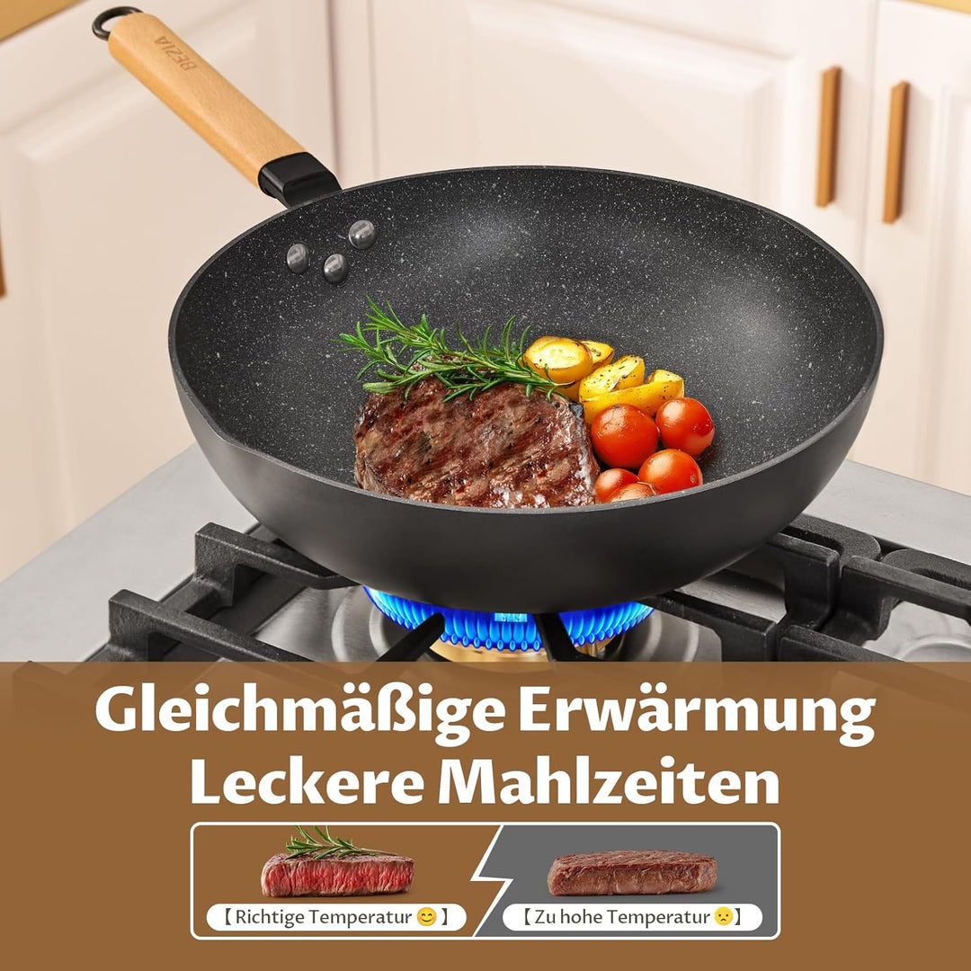 BEZIA Induktions Wok Pfanne mit Deckel, Antihaft-Wokpfanne 30 cm, Wok zum Braten mit Holzgriff, flac