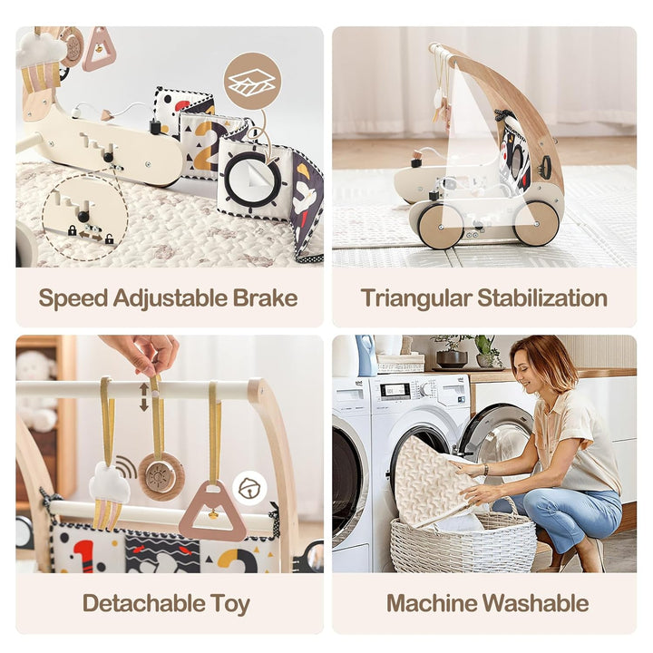 OESSUF 3 in 1 Baby Holz Lauflernhilfe Spielbogen Gym Spieldecke mit Sensorik Spielzeug, Drehzahl Lau