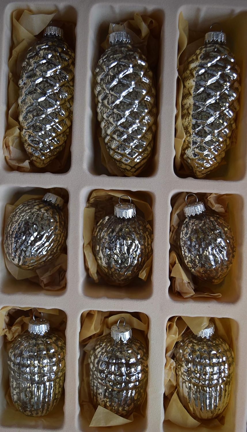 Dekohelden24 Lauschaer Christbaumschmuck - 9er Set in Silber - 50 Kugelaufhänger gratis, Silber