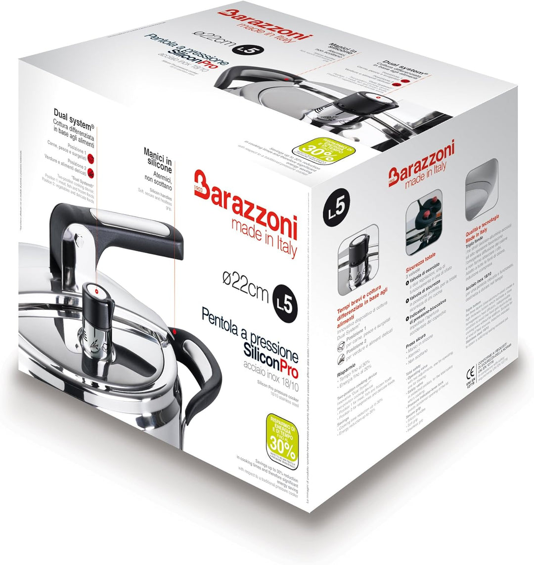 Barazzoni Schnellkochtopf Silicon PRO, Ø 22 cm, Fassungsvermögen 7,0 l, Edelstahl 18/10, Made in Ita