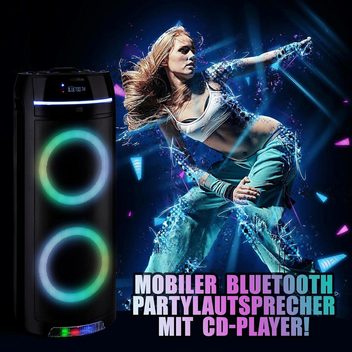 Party-Box PS10CD - mit Bluetooth, LED-Farb-Beleuchtung, FM-Radio und CD-Player - mitgeliefertes Mikr