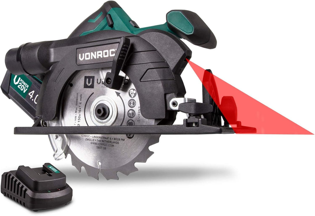 VONROC Handkreissäge Akku 20V - Akku Kreissäge 150mm, Säge inkl. Laserführung & Staubabsaugung - Mit