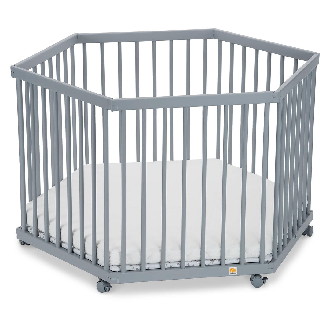 FabiMax Baby Laufgitter 6-eck Grau lackiert, stufenlos höhenverstellbar, mit Schlupfsprossen, Laufst