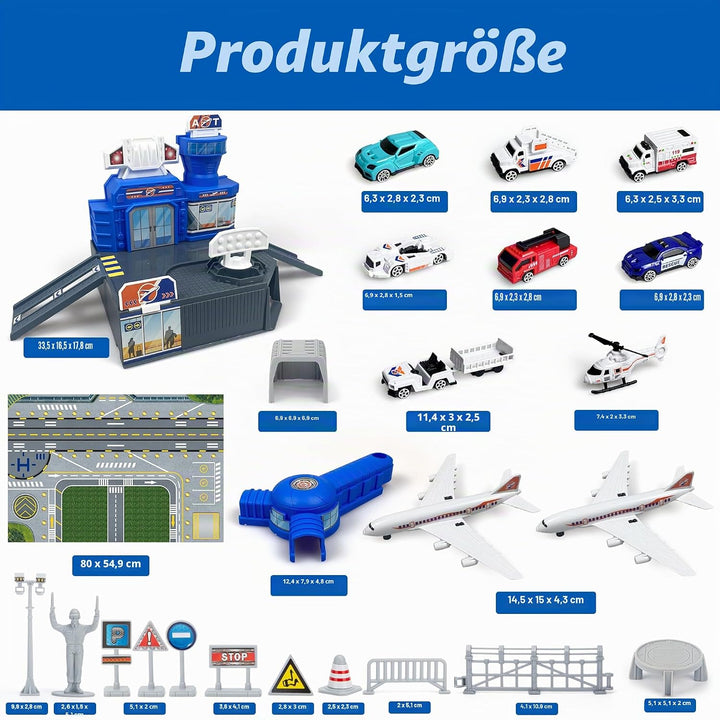 Flugzeug Spielzeug Set mit Lastwagen, Hubschrauber, Flugzeuge, Schilder und Flughafen-Spielmatte, in