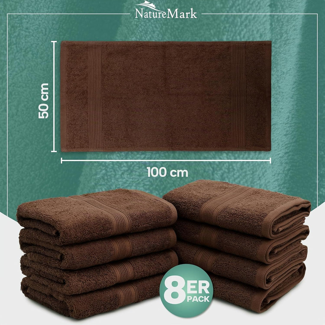 NatureMark 8er Pack Frottier Handtücher 50x100cm, 100% Baumwolle, Schokobraun, 50 x 100 cm, Schokobr