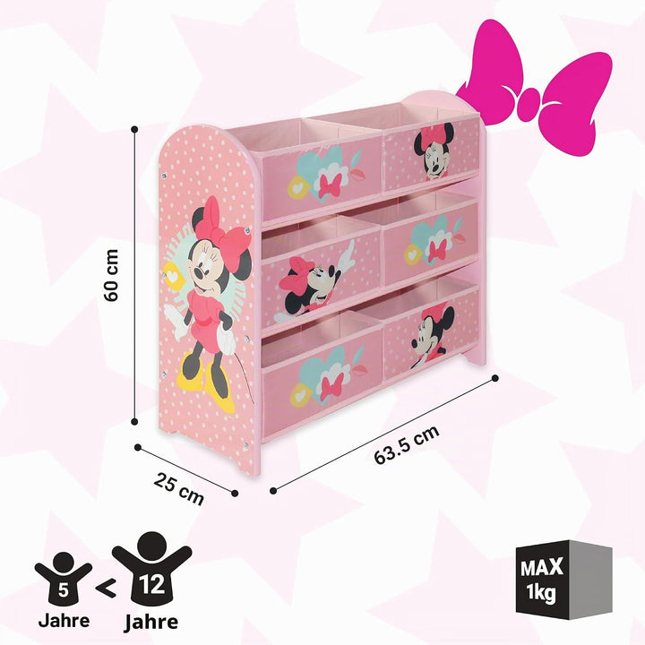Disney Classic Minnie Maus Spielzeug-Aufbewahrungseinheit, 6 Boxen für Schlafzimmer, aus Holzwerksto
