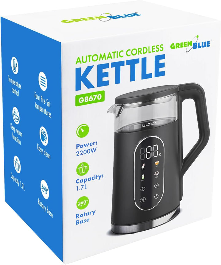 GreenBlue GB670 B Kabelloser Wasserkocher 1,7 l 2200 W | Temperaturregelung 40–100 °C in 5-°C-Schrit