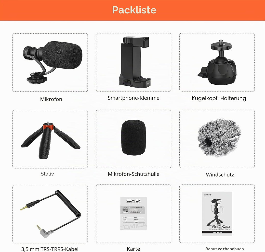 comica Handy-Mikrofon Vlogging Kit, CVM-VM10-K2 PRO Video Kit mit Professionelles Richtmikrofon und