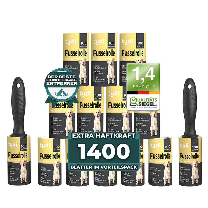 Tydi Haustier-Fusselroller – 1400 Blatt & 2 Griffe – 100 Blatt pro Kleiderroller – Fusselroller für