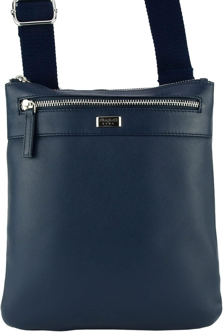 Biagiotti Herren-Handtasche mit verstellbarem Schultergurt, mehrere Taschen aus echtem Leder Blau Gr