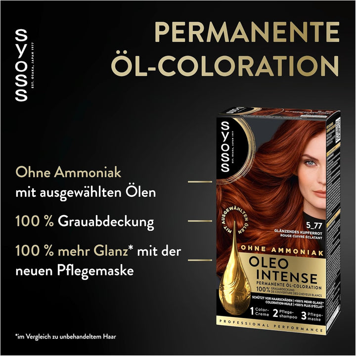Syoss Oleo Intense Öl-Coloration 5-77 Glänzendes Kupferrot Stufe 3 (115 ml), dauerhafte Haarfarbe mi