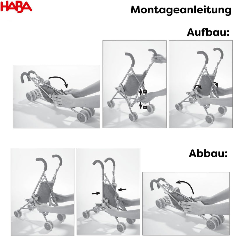 HABA 303815 - Puppenbuggy Jule , Handlicher Buggy mit Anschnallgurt , Lässt sich schnell zusammenkla