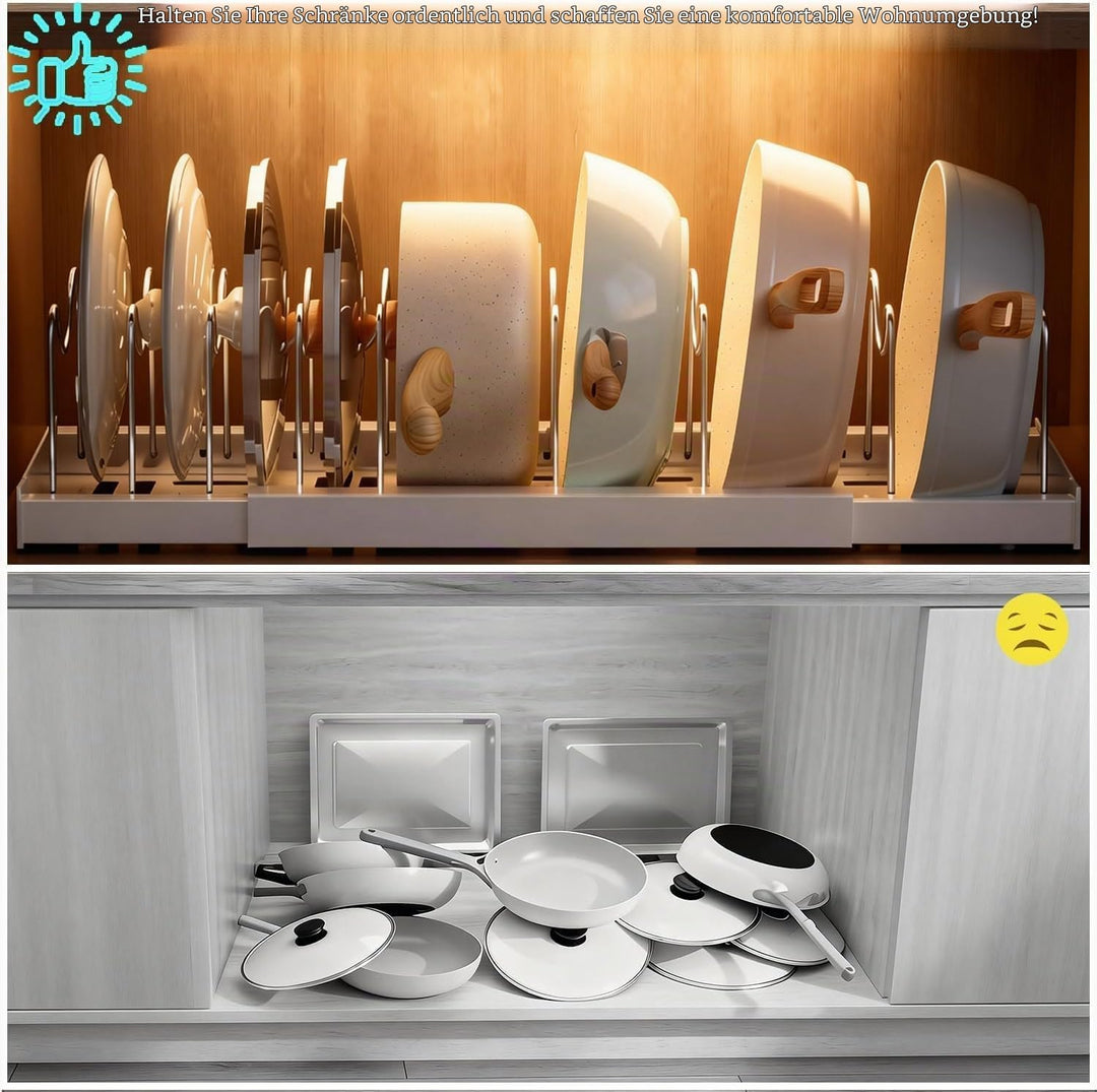 Expandable Pan Organizer for Cabinet, Pots lid and Pans Holder Rack with 7 Adjustable Dividers,Compa