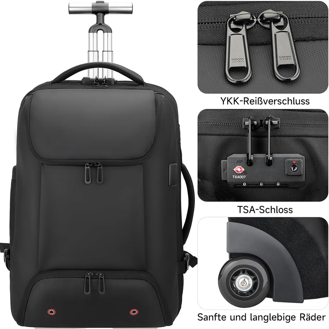 Reiserucksack mit rollen,17 Zoll Laptop trolley rucksack, Wasserfester Handgepäck-Rucksack mit USB-C