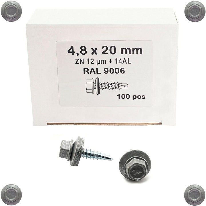 1000 Trapezblechschrauben Bohrschrauben selbstbohrend 4,8x20 RAL 9006 | Dach, Schrauben, verzinkt 10