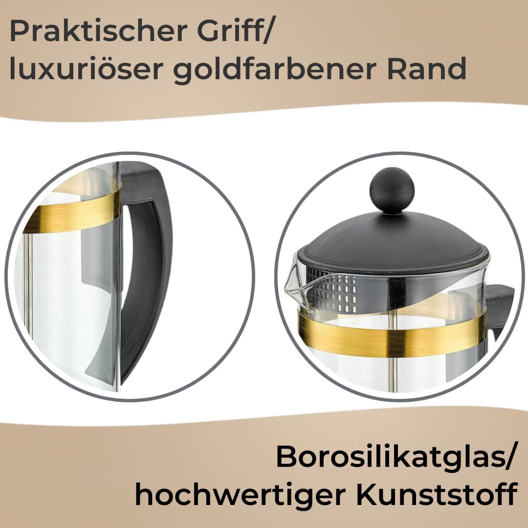 Cilio Kaffeebereiter MARIELLA ORO – 1L, 8 Tassen - Stillvolle Kaffeepresse aus Borosilikatglas/Rand