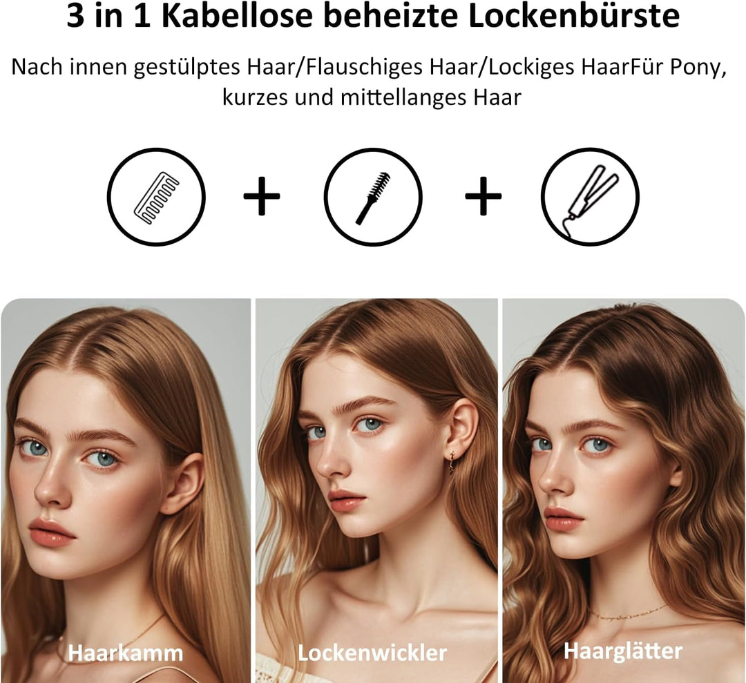 Leeko Kabellose beheizte Lockenbürste, 3 in 1 Heisse Haarbürste 40mm, tragbarer beheizter Lockenstab
