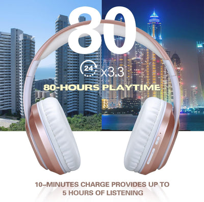 Bluetooth Over Ear Kopfhörer, 80 Stunden Spielzeit Kopfhörer mit Hi-Fi Stereo Headset Tiefer Bass, W