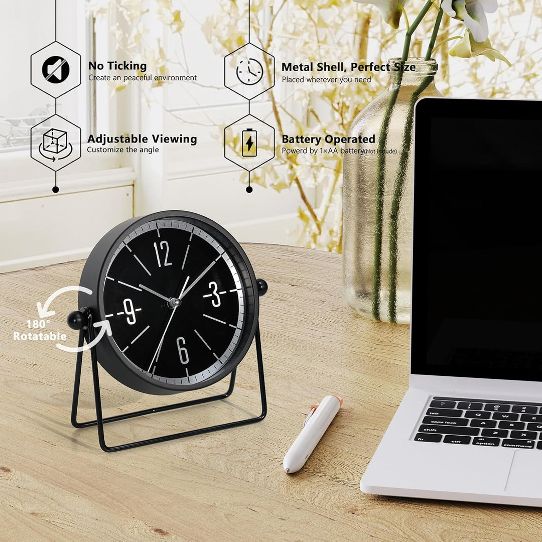 Vintage Metall-Tischuhr – Leise Kaminuhr ohne Ticken mit verstellbarem Winkel, Analoge Standuhr im R
